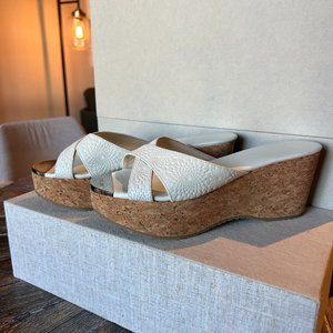 Jimmy Choo White Leather & Cork Platform Cross Strap Slide / Sandals / Wedges